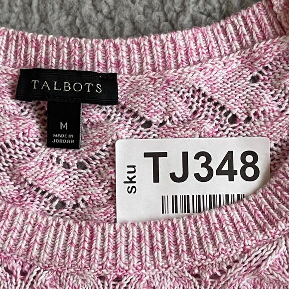 Talbots Pullover Sweater Women Size M Pink Long Sleeve Cotton Linen Open Knit - Picture 2 of 10